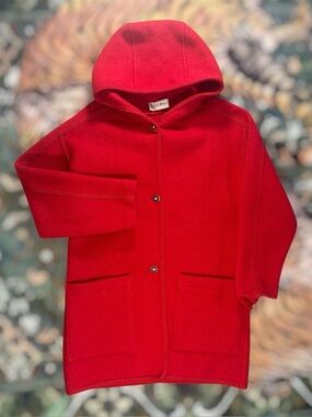Vintage LL Bean Hooded 100% Wool Duffle Winter Peacoat Coat Made In Austria Red